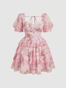 SHEIN MOD Plus Size Romantic Cut Out Floral Print Multi-Layer Ruffle Hem Dress.Womens Summer Dresses - Multicolor - View 2