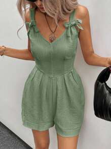 SHEIN Essnce 女士棉质连体裤，休闲假日风格，蝴蝶结设计 - 薄荷綠 - 查看 6