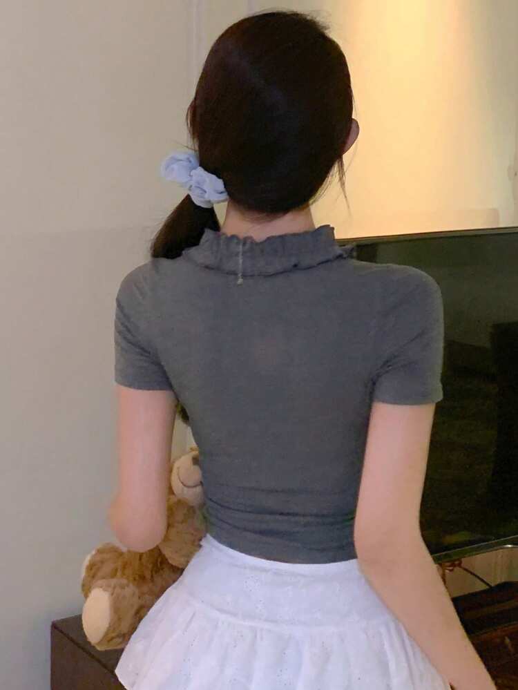 Women's Summer Design Waist Gathered Elegant Blouse, Round Neck Short Puff Sleeve French Style T-Shirt,Crop Tops Women