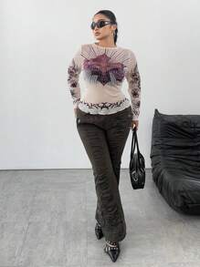 POPSWAY Plus Size Women Gothic Rock Dragon Print Mesh See-Through Fitted Base Layer Top, Y2K Baddie Vintage Style Long Sleeve T-Shirt, Spring/Summer - Apricot - View 4