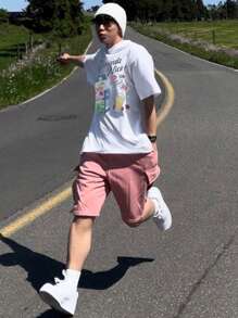 DAZY Summer Art Pattern Letter Print White Men T-Shirt,Graphic Tees - White - View 4