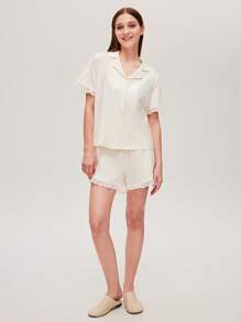 LUVLETTE 白色柔软棉质荷叶边蕾丝纽扣短裤透气女士睡衣套装，带口袋内衣裤，新娘贴身内衣套装 - 白色 - 查看 9