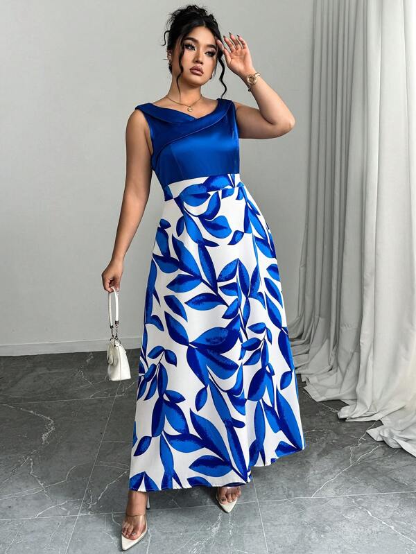 Elenzga Abito estivo elegante da donna taglie forti, con stampa a foglie e patchwork, senza maniche