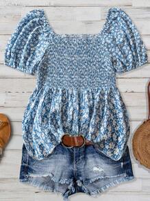 Linhara Plus Size Women's Blue Ditsy Floral Ruffle Trim Belted Short Sleeve Casual Shirt, Elegant Romantic Style, Spring/Summer