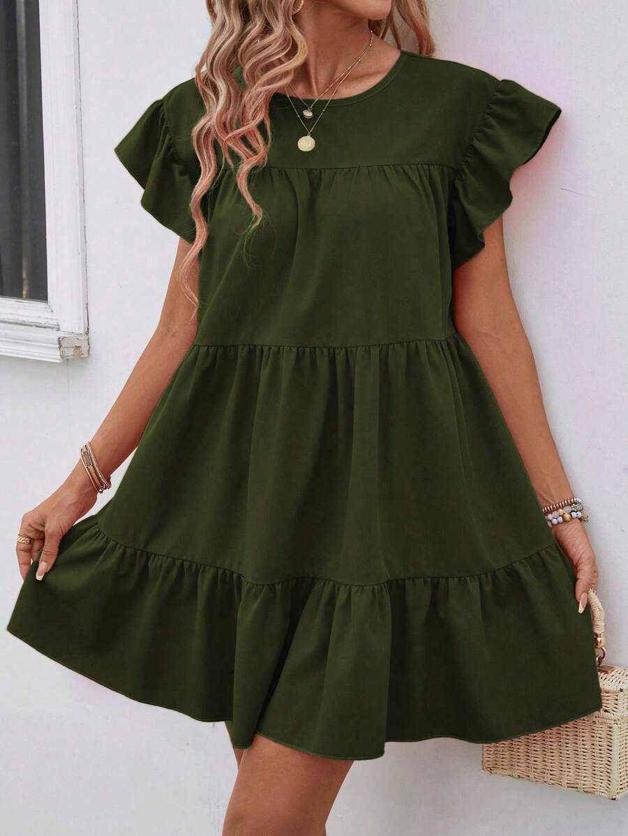 Breezaya 女士夏季纯色圆领宽松娃娃裙，带荷叶边装饰，度假海滩装 - 墨綠色 - 查看 1