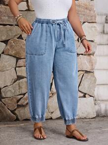 EMERY ROSE Plus Size Casual Washed Drawstring Waist Tapered Leg Jeans - Light Wash - View 2