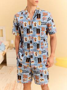 TOM & JERRY X SHEIN 2pcs Men's Summer All-Over Print Short Sleeve Top And Shorts Loungewear Set