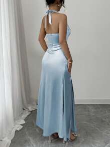 Rafferiza Elegant Champagne Color Bodycon Camisole Satin Hem Side Slit Dress - Baby Blue - View 2