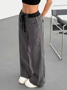 SHEIN EZwear Women's Casual Dark Gray Drawstring Waist Straight Leg Pants - Dark Grey - View 5
