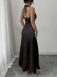 Rafferiza Đầm suông satin bó sát màu sâm panh thanh lịch xẻ tà bên hông, dài - màu đen - Xem 2