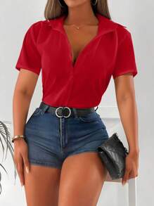 INAWLY Rhinestone Decor Short Sleeve Casual Shirt, Summer - Red - View 3