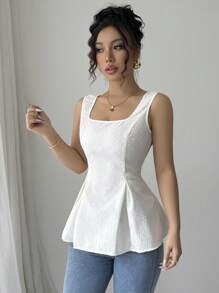Elenzga Top corto sin mangas con cuello cuadrado y textura de rhinestone para mujer - Albaricoque - Ver 6