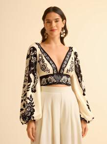 CAJUNI 女式波西米亚风格豹纹牡丹花卉印花褶皱长袖露背束腰防晒衬衫 - 彩色 - 查看 6