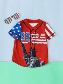 SHEIN 年轻男孩 4-7 岁休闲运动街头时尚百搭自由女神像图案 T 恤，适合独立日、户外活动、节日、运动、日常穿着、春夏季