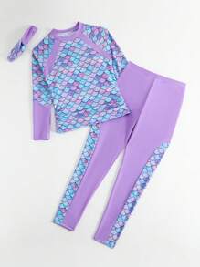 Sparklyn 青少年女孩美人鱼鳞片印花插肩袖上衣和裤子比基尼套装（含头带）