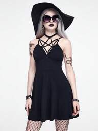 ROMWE Spring/Summer Vacation Baech Black Gothic Style Women's Sexy Solid Color Summer Mini Dress