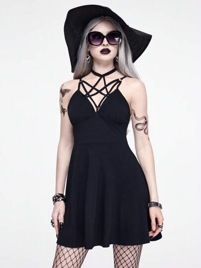 Goth Vestido corto de verano de unicolor y estilo gótico sexy para mujeres
