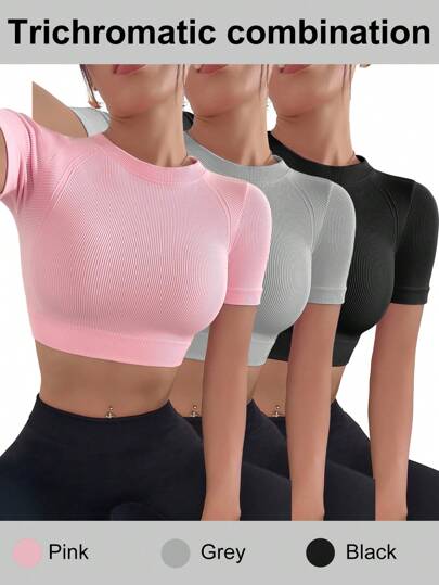 Easithlete 3 piezas Camiseta deportiva de manga corta, ajustada, de punto acanalado de unicolor con cuello circular para verano, camiseta ajustada para gimnasio para mujeres
