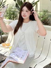 Dazy Plus Áo thun thời trang tay ngắn buộc ren tương phản cỡ lớn cho nữ - trắng - Xem 4