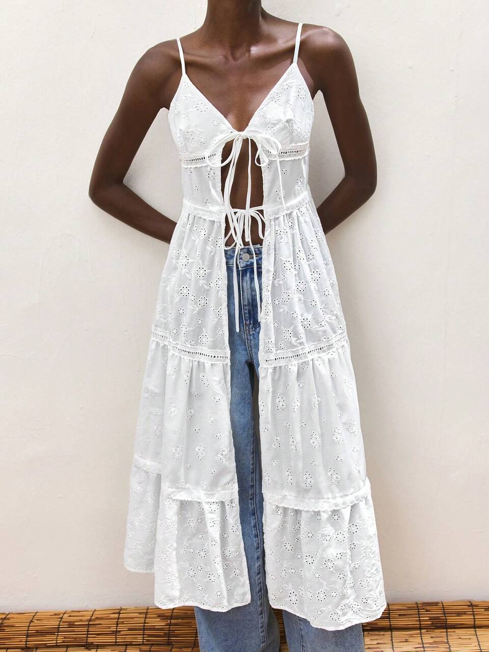 SHEIN Maija Women's White Embroidered Camisole Top, V-Neck Adjustable Spaghetti Strap, Casual Beach Vacation Long Tank Top, Summer