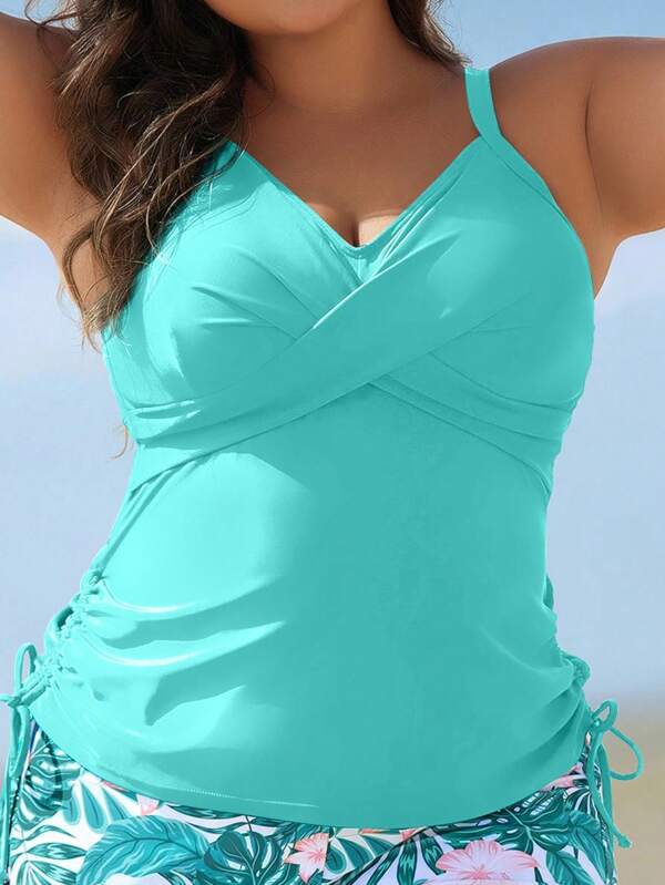Swim Lushoire Plus Size Women Solid Color Gather Lace Back Cami Tank Top, Drawstring Waist Casual Beach Swimwear Top