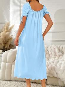 SHEIN Plain Color Wide Ruffle Collar Loose Long Nightgown, Moo Moo - Blue - View 2