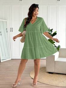 SHEIN Frenchy Váy đi nghỉ chữ A rộng rãi, cổ chữ V, họa tiết kẻ caro cỡ lớn - màu xanh lá - Xem 6