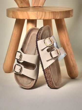 Mini mi Top Seller Kid's Replica Big Buckle Open Toe Cork Footbed Pu Black Slide Sandals-Arch Support, Versatile & Comfortable