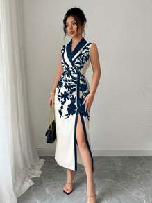 Elenzga 女士优雅花卉印花镂空腰部中长连衣裙，夏季 - 藏蓝色 - 查看 4