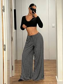 SHEIN ICON Damen Gestreifte Lange Hosen, Y2K Mode Lässige Gerade Bein Hosen mit Tunnelzug für Zuhause