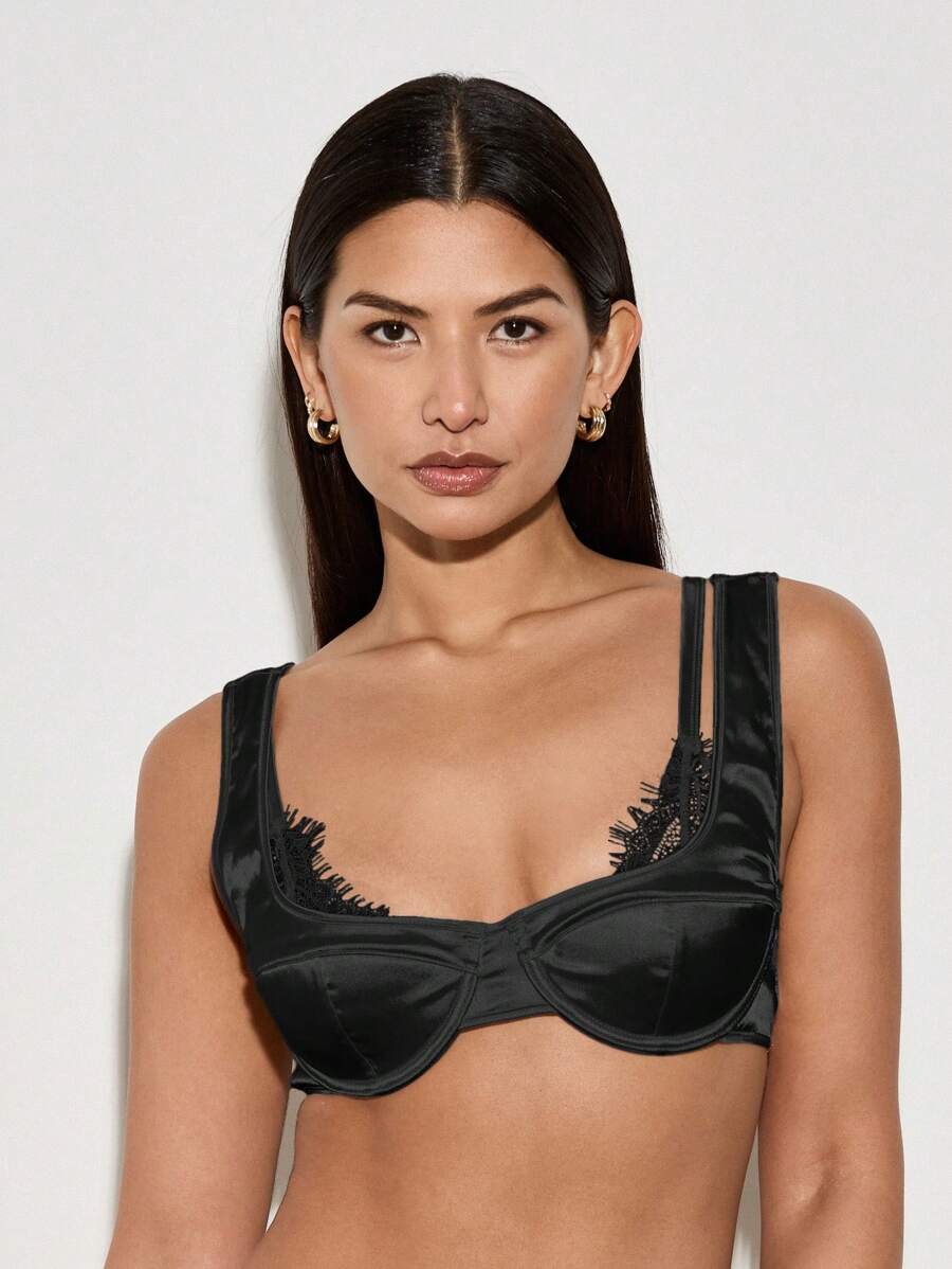AiiRZ Áo Bralette Satin Đệm Crop Bustier Có Viền Ren Tinh Tế Cho Tiệc Tối Cô Dâu Đồ Lót Không Tay Phong Cách Lễ Hội Mùa Hè Thời Trang - màu đen - Xem 1