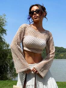 SHEIN EZwear Women's Loose Knit Open Stitch Drop Shoulder Long Sleeve Sweater, Casual - Khaki - View 5