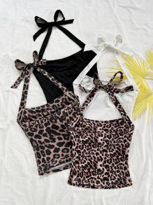 Soleia Completi estivi da donna per vacanze, festival, rave, concerti e uscite, in stile baddie, comprendenti top fascia, crop top, canotte con stampe leopardate, canotte con taglio sulla schiena e annodatura anteriore.