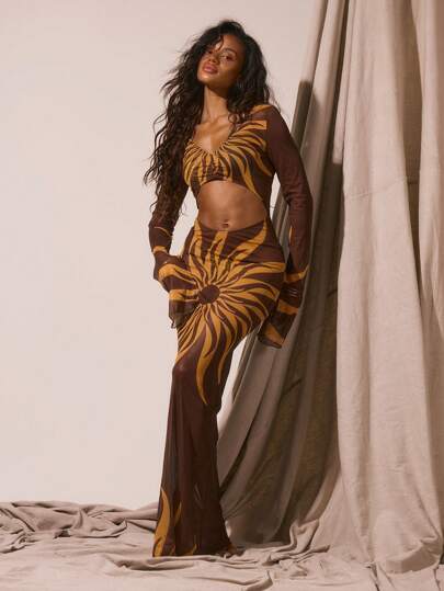 Musera Resort Vestido Longo Maxi Manga Longa com Recorte Extremo e Estampa Solar Ajustada, Capa para Primavera Verão Férias, Sexy Boho Ibiza Festival Praia Areia Festa