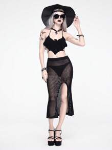 ROMWE Goth 女式复古风格钩针高开叉鱼尾针织裙 - 黑色 - 查看 7