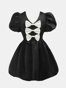 Girlism Rochie de mireasă din satin cu mâneci bufante și funde în culori contrastante pentru fete preadolescente, pentru cocktail, petrecere de absolvire, primăvară/vară; Rochie mini drăguță din satin cu decor cu funde - Negru - Vizualizare 6