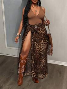 Slaydiva Spring/Summer New Arrival, Music Festival, Easter, Western Style, Nomadic Style, Bohemian, Nashville, Birthday Party, Graduation Season, Student Wear, Daily Casual, Versatile Basic, Leisure, Vacation, Cruise Travel, Beach, Sunbathing, Printed, Backless, Spaghetti Strap, Fitted Solid Bodysuit, Leopard Print Semi-Transparent Chiffon Coffee Color Wrap Skirt, Plus Size Women's Set - A - Brown - View 2