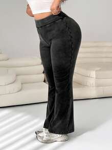 SHEIN EZwear Plus Size Black Acid-Washed Casual Wide Leg Pants - Black - View 4