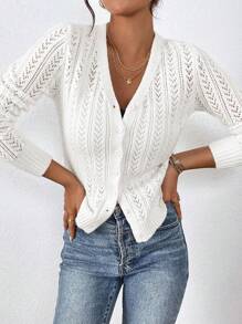 SHEIN Frenchy Áo Cardigan dài tay đơn sắc cài nút phía trước cho nữ - trắng - Xem 6