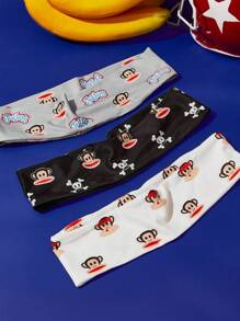 Paul Frank X SHEIN 3pcs Pack Versatile Monkey & Skull Printed Elastic Headbands, Suitable For Sports, Casual Styles, Washing Face Hair Band Turban Headband Sweatband - Multicolor - View 7