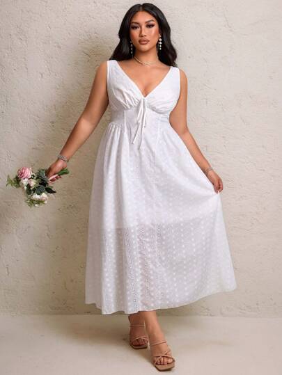 Flirla New Vacation Elegant Sweet Princess Style Cotton Embroidered V-Neck Cinched Waist Spaghetti Strap A-Line Dress, Slimming