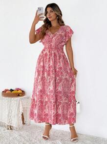 SHEIN Clasi Plus Size V-Neck Short Sleeve Dress, Fashionable For Summer For Women Plus Size Dresses For Women Resort Wear For Women Plus Dresses For Women Mother Day Mom Mother Mommy Mother's Day Dress Women Floral Dress Women's Spring Dresses Women Wedding Guest Dress Women Outfit,Sun Dresses For Women