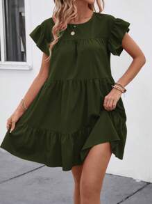 Breezaya 女士夏季纯色圆领宽松娃娃裙，带荷叶边装饰，度假海滩装 - 墨綠色 - 查看 5