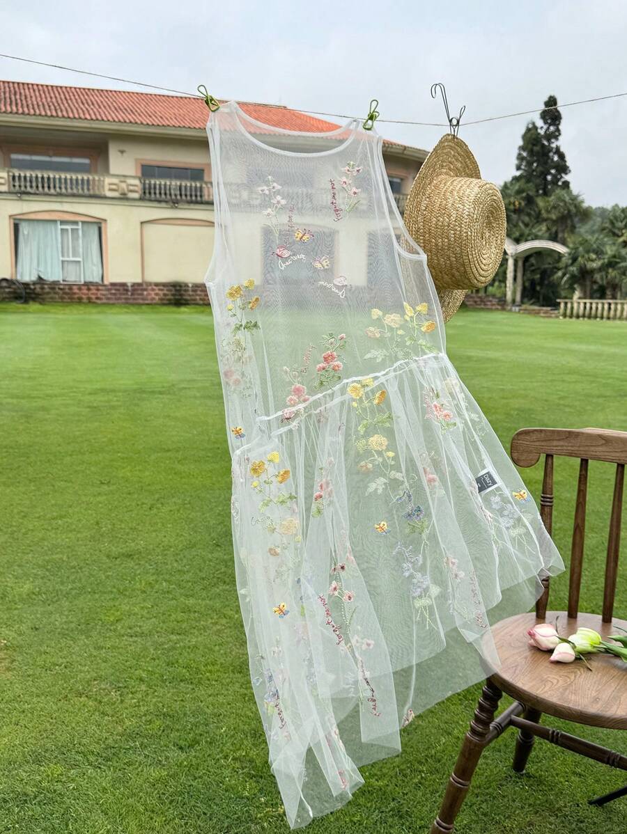 DAZY Women's Ruffled Casual Resort Layered Midi Dress With Embroidery And Mesh, Spring & Summer Sundress - White - View 1