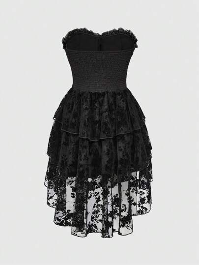 Goth Sexy Gothic Party Bowknot-Up Front Short Back Long Ruffle Hem Flocked Bodycon Dress, Halloween