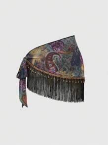 ROMWE Hippie Falda semitransparente con flecos bordados, estampado de paisley y cordones en el bajo, con estilo vintage western y de vaquera para festivales, para mujeres