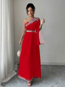 Elenzga 纯色几何印花优雅时尚连衣裙 - 紅色 - 查看 1