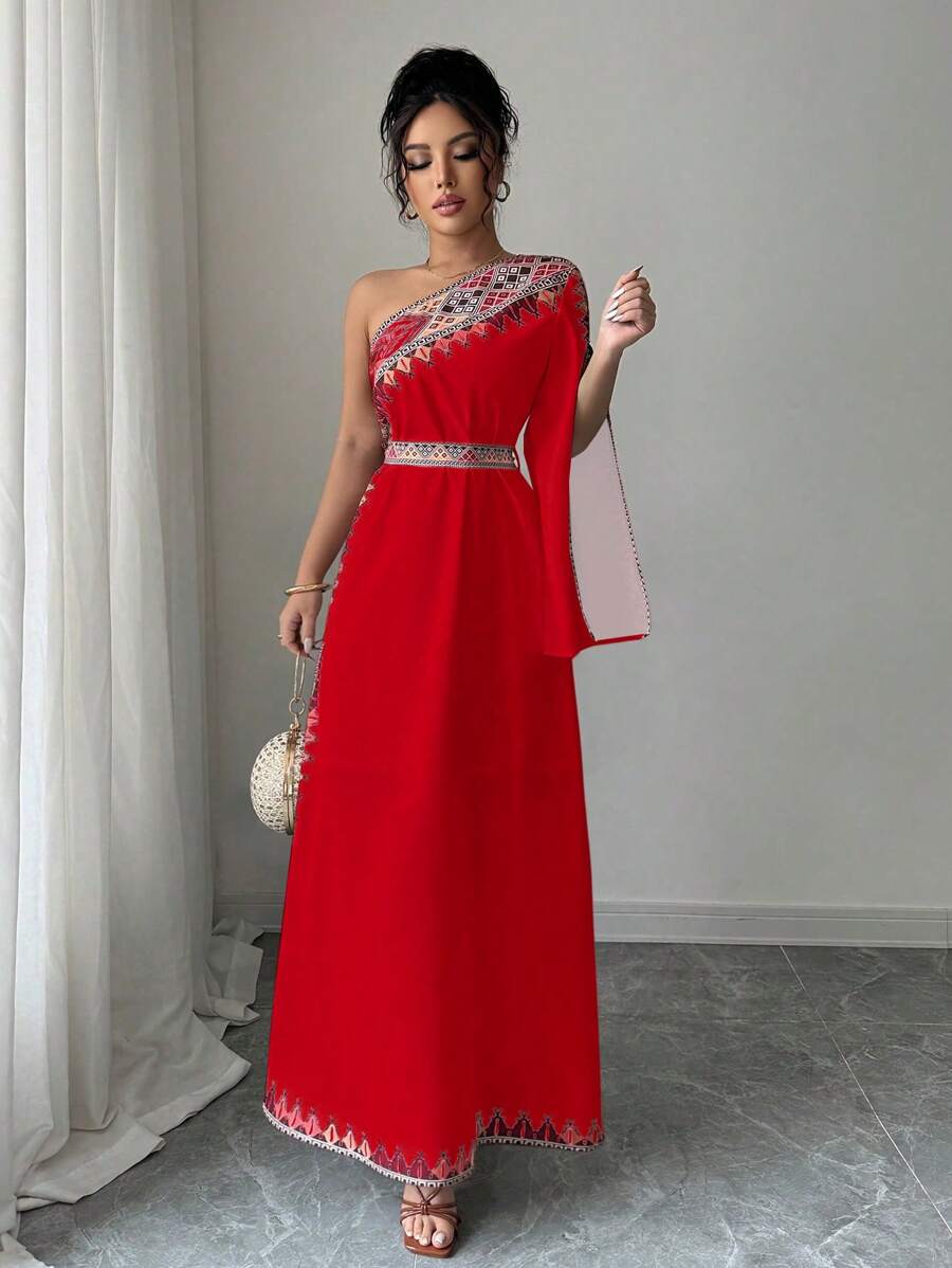 Elenzga 纯色几何印花优雅时尚连衣裙 - 紅色 - 查看 1