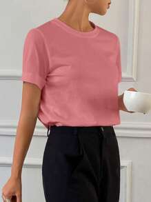 Livesso Solid Color Crew Neck Casual Short Sleeve T-Shirt For Women, Autumn - Rose Red - View 2