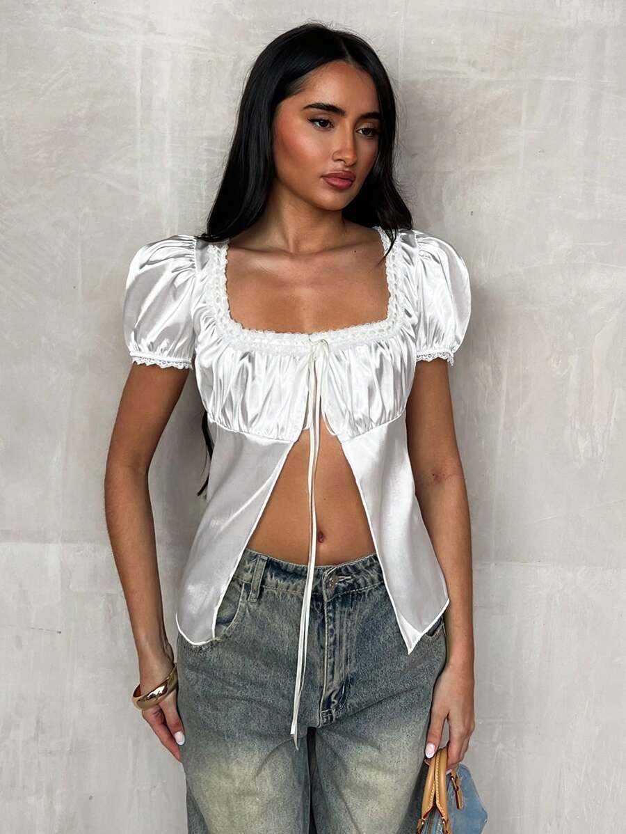 Glamine Women's Solid Color V-Neck Pleated Bust Short Sleeve Blouse - White - View 1